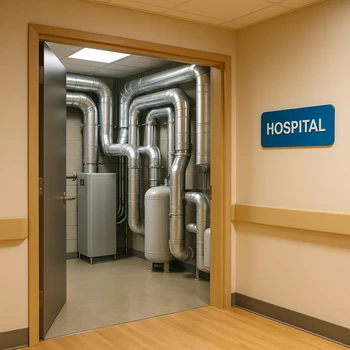 Réseaux de tuyauterie dans un local technique d'hôpital, un secteur clé du tertiaire.