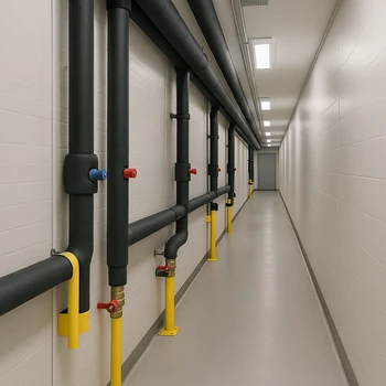 Couloir technique protégé pendant un chantier de calorifugeage en site occupé.
