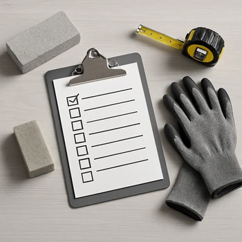 Méthodologie de relevé pour une étude de cas : checklist, gants et mètre sur un plan.