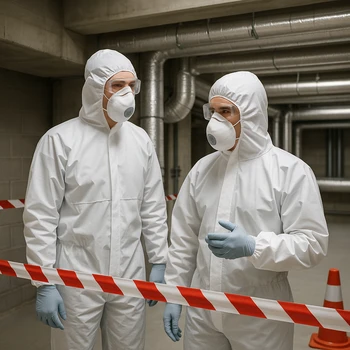 Techniciens en combinaison de protection dans une zone de désamiantage confinée.