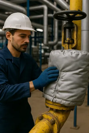 Technicien France Calorifugeage posant un matelas isolant sur un point singulier dans une installation industrielle